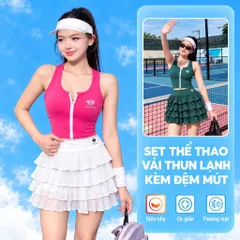 Set thể thao nữ POMPECHE áo croptop khóa kéo chân váy xếp tầng thun lạnh co giãn kèm đệm mút