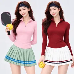 Set thể thao nữ Pickleball thun lạnh áo dài tay ôm dáng cổ khóa chân váy xếp ly viền sọc