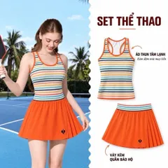 Set thể thao nữ áo ba lỗ tăm lạnh sọc màu có đệm ngực, chân váy cam kèm quần bảo hộ