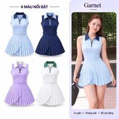 Bộ váy thể thao nữ Garnet thun lulu, áo polo sát nách khóa kéo cổ bẻ kèm chân váy xếp ly 4 màu [ KHÁCH TĂNG 1 SIZE ]