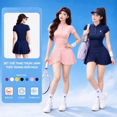 Set thể thao nữ thun lạnh áo cổ trụ chân váy xếp ly dáng ôm co giãn mặc tennis