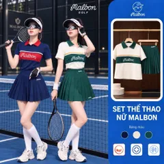 Set thể thao nữ Malbon Golf áo polo phối màu chân váy xếp ly phong cách golf tennis trẻ trung