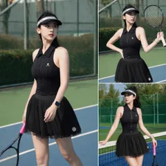 Bộ Thể Thao Nữ Pickleball Thun Lulu Áo Croptop Sát Nách Phối Chân Váy Xếp Ly Thoáng Mát