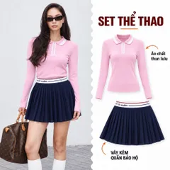 Set thể thao nữ Garnet áo polo dài tay thun lulu, chân váy xếp ly kèm quần bảo hộ chơi Tennis, Pickleball, Golf