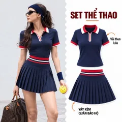 Set thể thao nữ Pickleball áo polo cổ khóa kéo phối màu kèm chân váy xếp ly quần bảo hộ vải thun lulu