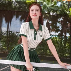 Set áo polo nữ Tennis, Golf vải thun lạnh sọc dọc, cổ bẻ tay ngắn phong cách thể thao 3 màu