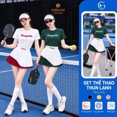 Set thể thao nữ Pompêche thun lạnh áo ngắn tay chân váy xếp ly chơi tennis pickleball cầu lông
