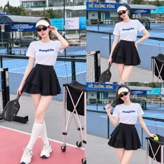Set thể thao nữ Pompêche thun lạnh áo ngắn tay chân váy xếp ly chơi tennis pickleball cầu lông