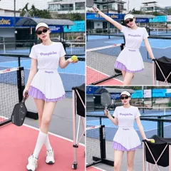 Set thể thao nữ Pompêche thun lạnh áo ngắn tay chân váy xếp ly chơi tennis pickleball cầu lông
