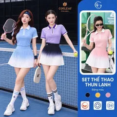Set thể thao nữ COSLEAF thun lạnh áo polo phối chân váy xếp ly chơi pickleball tennis thoáng mát