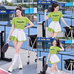 Set thể thao nữ Pompêche thun lạnh áo ngắn tay chân váy xếp ly chơi tennis pickleball cầu lông