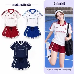Bộ đùi thể thao nữ POM PÊCHE áo cổ bẻ tay ngắn quần short viền màu co giãn thoáng mát