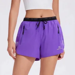 Quần short thể thao nữ vải gió 2 lớp có quần bảo hộ, túi khóa kéo, chạy bộ tập gym thoáng mát