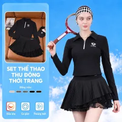 Set thể thao nữ thu đông Pom Peche áo polo dài tay khóa kéo chân váy tennis xếp ly
