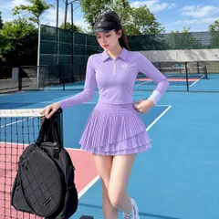 Set thể thao nữ thu đông Pom Peche áo polo dài tay khóa kéo chân váy tennis xếp ly