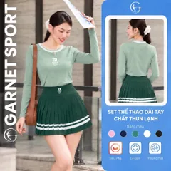 Set thể thao nữ dài tay GARNET thun lạnh co giãn, áo cổ tròn phối chân váy xếp ly phong cách tennis