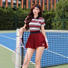 Bộ đồ tập thể thao nữ GARNET áo polo sọc phối chân váy xếp ly vải poly cá sấu thoáng mát nhanh khô