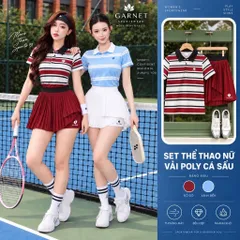 Bộ đồ tập thể thao nữ GARNET áo polo sọc phối chân váy xếp ly vải poly cá sấu thoáng mát nhanh khô
