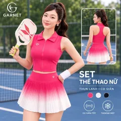 Set Thể Thao Nữ Áo Ba Lỗ Đệm Mút Su Phối Chân Váy Xếp Ly Cạp Cao Hack Dáng Tập Pick, Tennis Cho Nữ