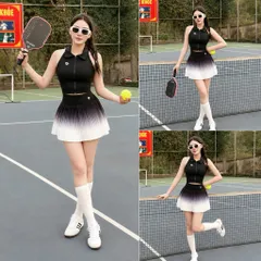 Set Thể Thao Nữ Áo Ba Lỗ Đệm Mút Su Phối Chân Váy Xếp Ly Cạp Cao Hack Dáng Tập Pick, Tennis Cho Nữ