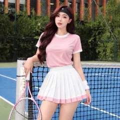Set thể thao nữ cổ tròn - vải cotton bozip chống nhăn, váy xếp ly kèm quần bảo hộ, chơi pickleball, tennis, cầu lông