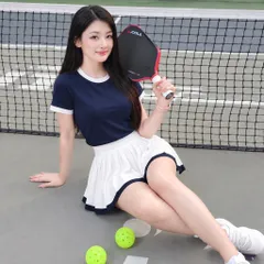 Set thể thao nữ cổ tròn - vải cotton bozip chống nhăn, váy xếp ly kèm quần bảo hộ, chơi pickleball, tennis, cầu lông