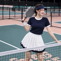 Set thể thao nữ cổ tròn - vải cotton bozip chống nhăn, váy xếp ly kèm quần bảo hộ, chơi pickleball, tennis, cầu lông