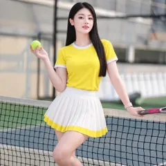 Set thể thao nữ cổ tròn - vải cotton bozip chống nhăn, váy xếp ly kèm quần bảo hộ, chơi pickleball, tennis, cầu lông