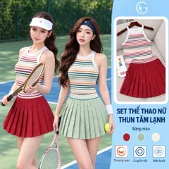 Bộ thể thao nữ thun tăm lạnh áo ba lỗ [KÈM ĐỆM MÚT] sọc ngang phối chân váy xếp ly dáng ngắn thoáng mát