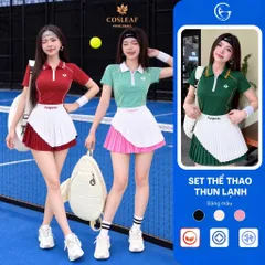 Set thể thao nữ áo polo phối chân váy xếp ly vải poly cá sấu, đồ pickleball tennis năng động