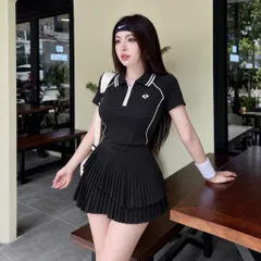 Set thể thao nữ áo polo phối chân váy xếp ly vải poly cá sấu, đồ pickleball tennis năng động