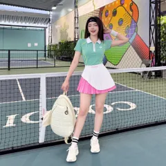 Set thể thao nữ áo polo phối chân váy xếp ly vải poly cá sấu, đồ pickleball tennis năng động