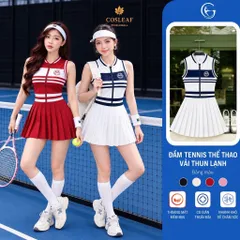 Váy tennis nữ liền thân khóa kéo phối sọc, chân váy xếp ly phong cách thể thao năng động