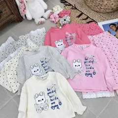 Set bộ nỉ gấu đính nơ quần chấm bi ren dáng rộng xinh xắn đáng yêu cute dễ thương thu đông cho bé gái