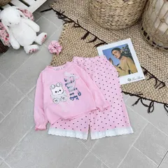 Set bộ nỉ gấu đính nơ quần chấm bi ren dáng rộng xinh xắn đáng yêu cute dễ thương thu đông cho bé gái