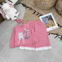 Set bộ nỉ gấu đính nơ quần chấm bi ren dáng rộng xinh xắn đáng yêu cute dễ thương thu đông cho bé gái