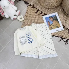 Set bộ nỉ gấu đính nơ quần chấm bi ren dáng rộng xinh xắn đáng yêu cute dễ thương thu đông cho bé gái