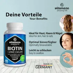Viên mọc tóc đẹp da móng Vitamaze Đức biotin zink selen giúp ngăn rụng tóc, đẹp da móng chắc khỏe, 365V