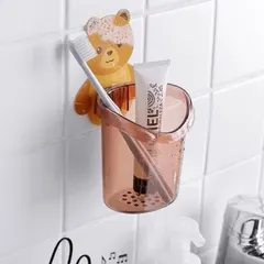 COMBO 2 Cốc gấu đựng bàn chải kem đánh răng có lỗ thoát nước, Cốc gấu dán tường siêu dính