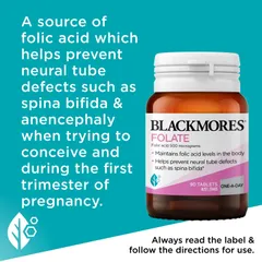 Blackmores Folate 500mcg - Hỗ trợ sản xuất hồng cầu khỏe mạnh giúp giảm nguy cơ thiếu máu do thiếu axit folic chính hãng Úc