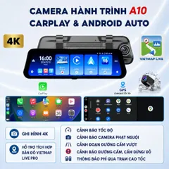 Camera hành trình A10 XETABON wifi kết nối CarPlay bản đồ Vietmap cảnh báo tốc độ phạt nguội ghi hình 4K trước sau
