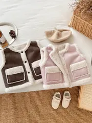 Hàng QC - Áo gile lông cừu túi hộp trơn vintage hàn quốc ấm áp dày dặn mùa đông cho bé gái