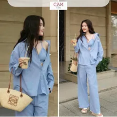 Set Đồ Nữ 3 Món: Áo Sơ Mi Kèm Bra Quần Dài Sọc Dọc Viền Ren, Set Đồ Đi Chơi Cho Nữ