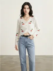Áo khoác len cardigan nữ dáng lỡ họa tiết cherry