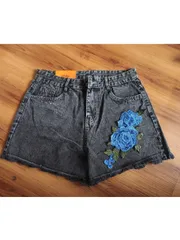 [50-75kg] Quần Sọt Jean Nữ Mẫu Trơn Tua Lai Thêu Hoa Hồng Xanh