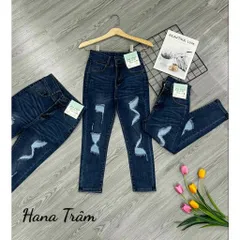Quần jean nữ 9 tấc mẫu rách lưng cao 2 nút co giãn mạnh màu xanh đậm ảnh thật