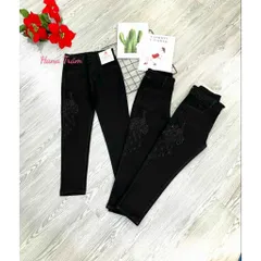 Quần jean nữ 9 tấc thêu hoa lưng cao 2 nút co giãn mạnh màu đen