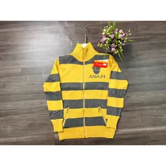 Áo khoác len cardigan nữ kiểu sọc ngang cổ trụ phối dây kéo vàng