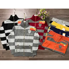 Áo khoác len cardigan nữ kiểu sọc ngang cổ trụ phối dây kéo vàng
