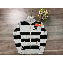 Áo khoác len cardigan nữ kiểu sọc ngang cổ trụ phối dây kéo vàng